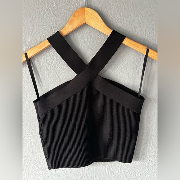 Babaton Black Ribbed Bandage Crop Top Crisscross Back Stretch Nylon Size M - Picture 5 of 8